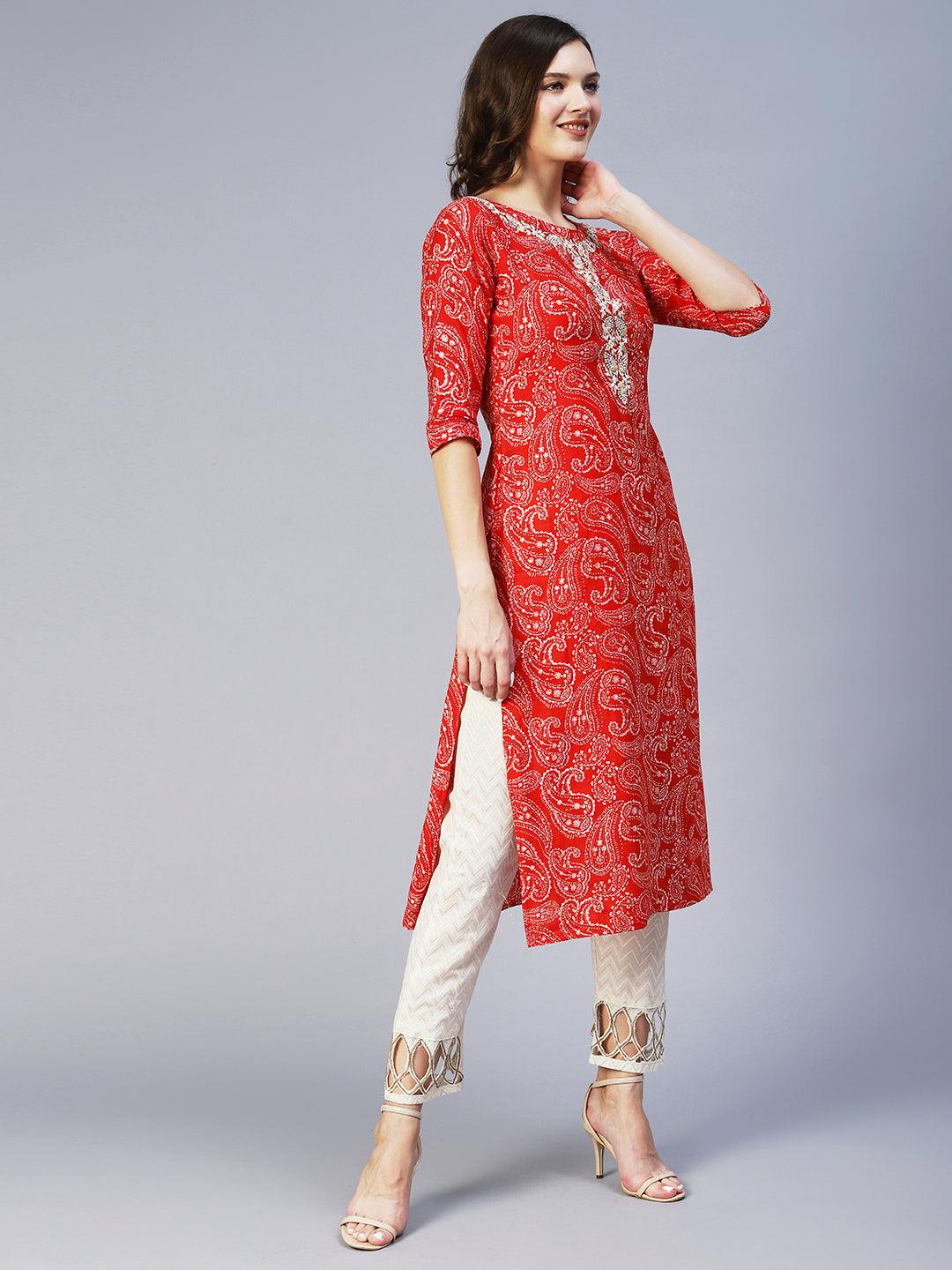 Paisley Printed & Hand Embroidered Straight Fit Kurta - Red - Indiakreations