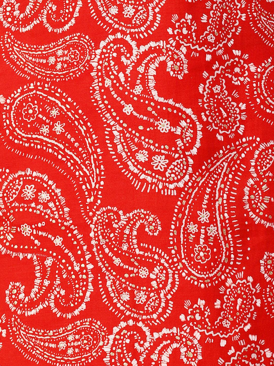 Paisley Printed & Hand Embroidered Straight Fit Kurta - Red - Indiakreations