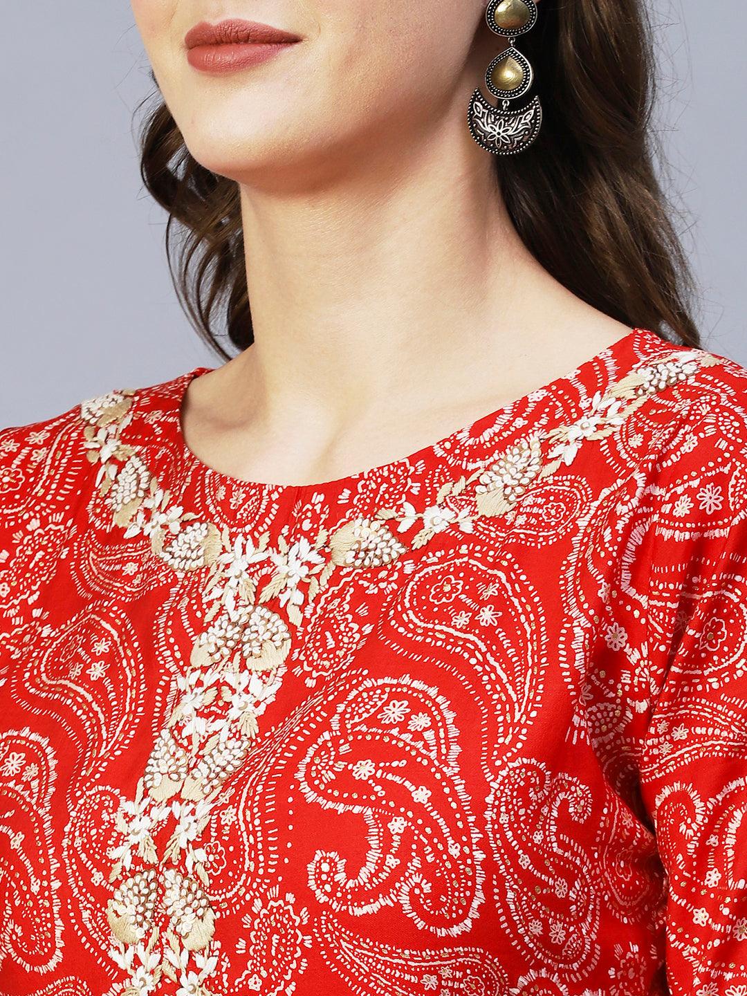 Paisley Printed & Hand Embroidered Straight Fit Kurta - Red - Indiakreations