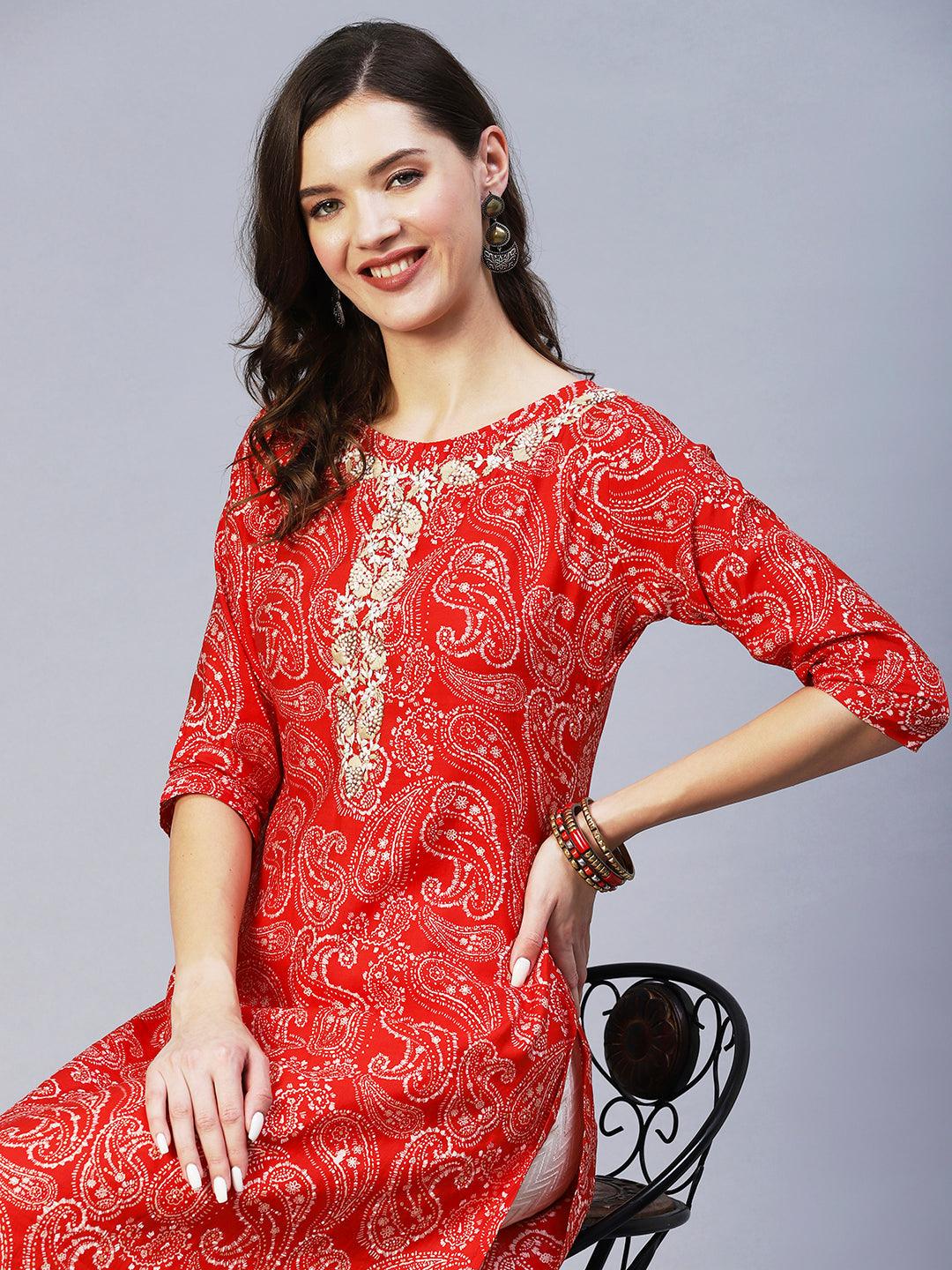 Paisley Printed & Hand Embroidered Straight Fit Kurta - Red - Indiakreations