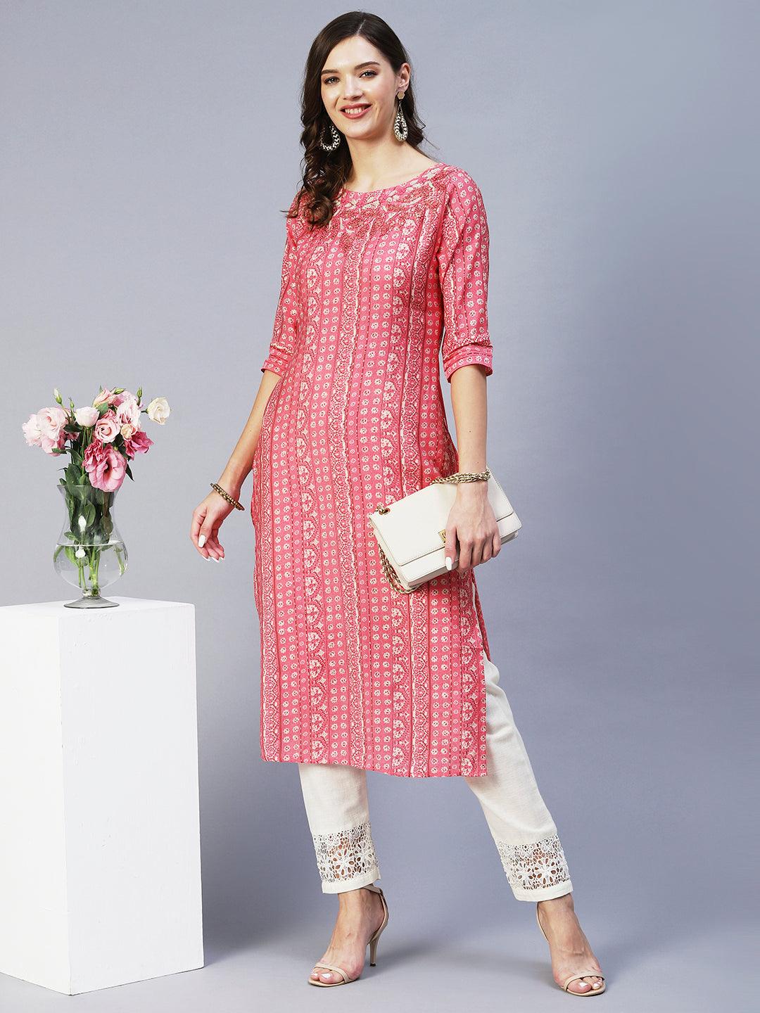 Ethnic Stripes Printed & Hand Embroidered Straight Fit Kurta - Pink - Indiakreations