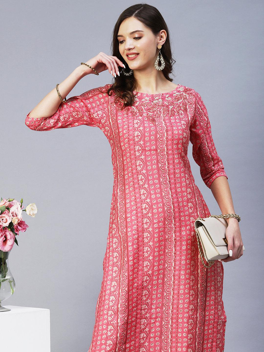 Ethnic Stripes Printed & Hand Embroidered Straight Fit Kurta - Pink - Indiakreations