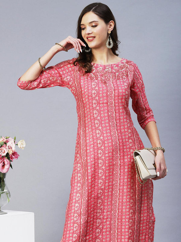 Ethnic Stripes Printed & Hand Embroidered Straight Fit Kurta - Pink - Indiakreations