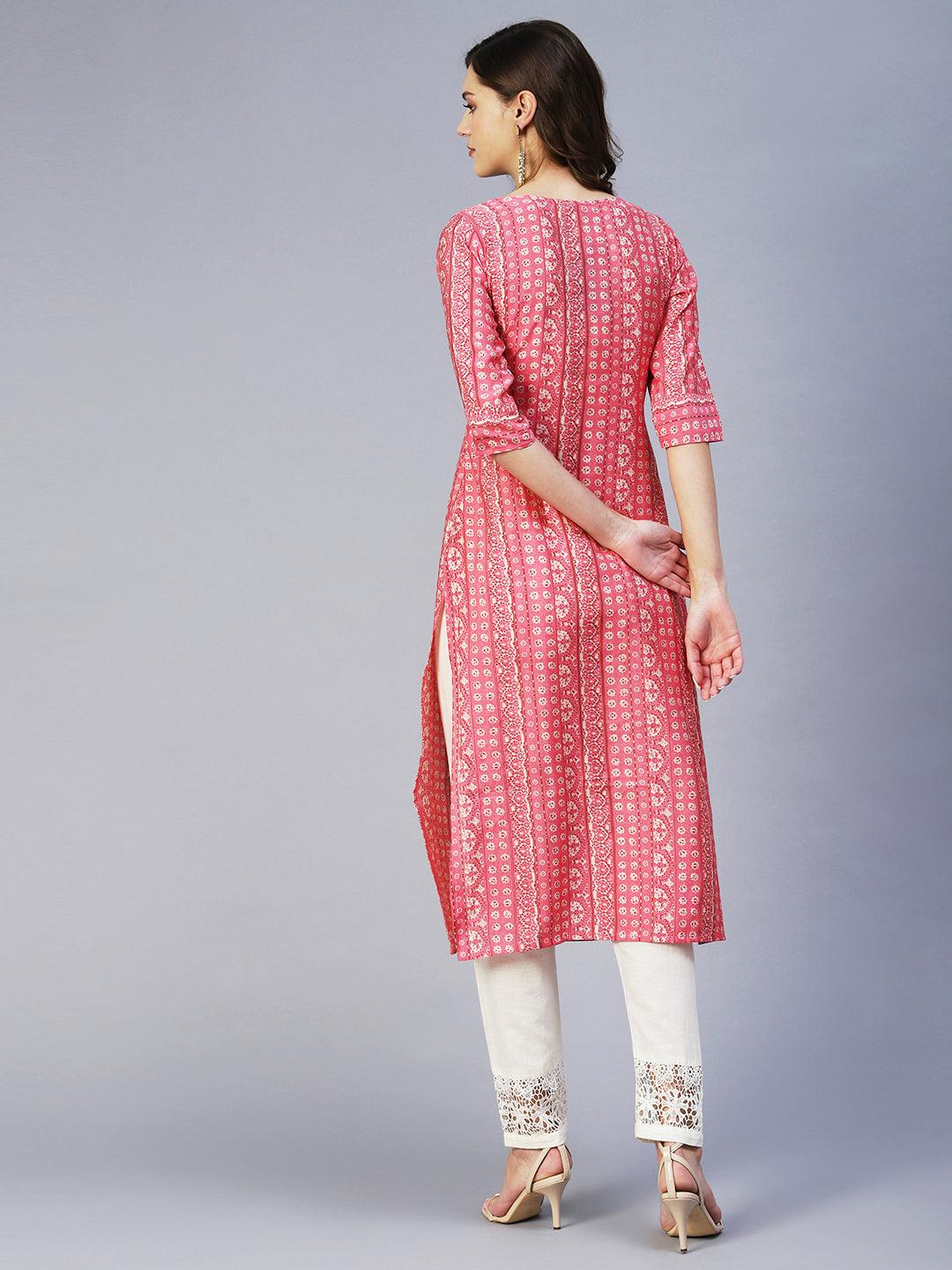 Ethnic Stripes Printed & Hand Embroidered Straight Fit Kurta - Pink - Indiakreations