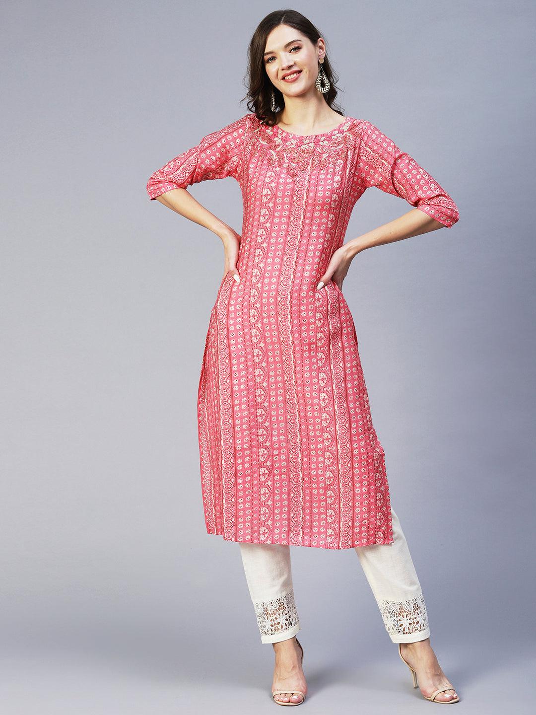 Ethnic Stripes Printed & Hand Embroidered Straight Fit Kurta - Pink - Indiakreations