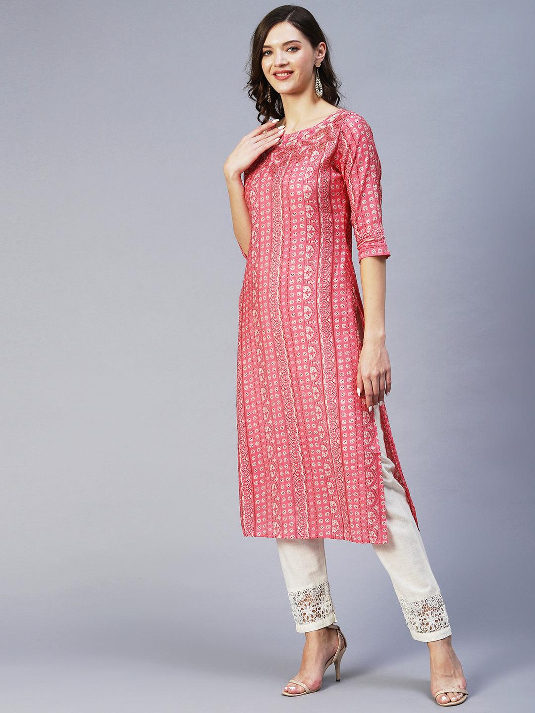 Ethnic Stripes Printed & Hand Embroidered Straight Fit Kurta - Pink - Indiakreations