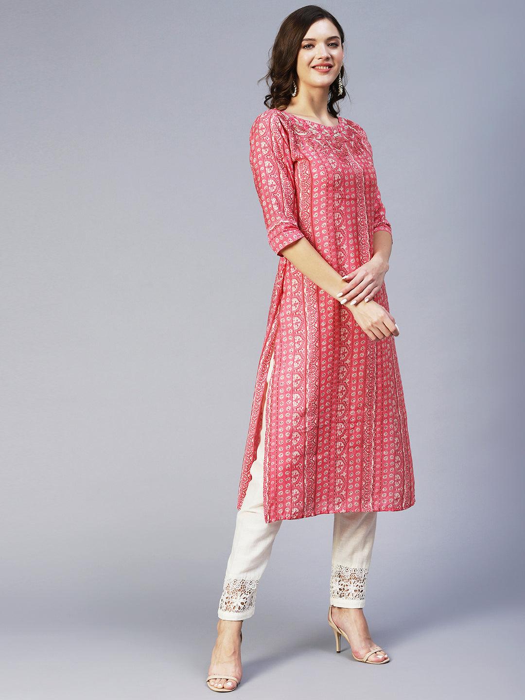 Ethnic Stripes Printed & Hand Embroidered Straight Fit Kurta - Pink - Indiakreations