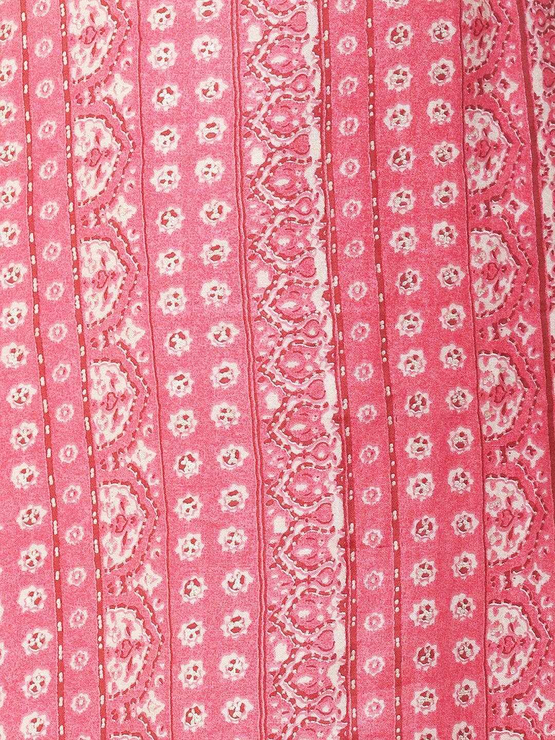 Ethnic Stripes Printed & Hand Embroidered Straight Fit Kurta - Pink - Indiakreations