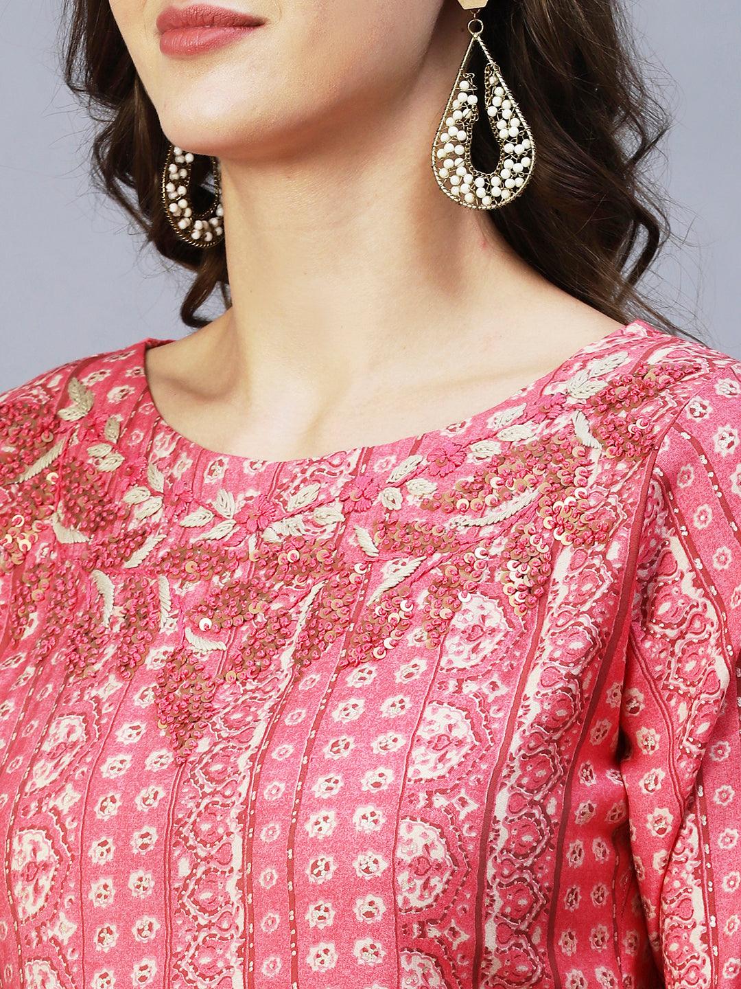 Ethnic Stripes Printed & Hand Embroidered Straight Fit Kurta - Pink - Indiakreations