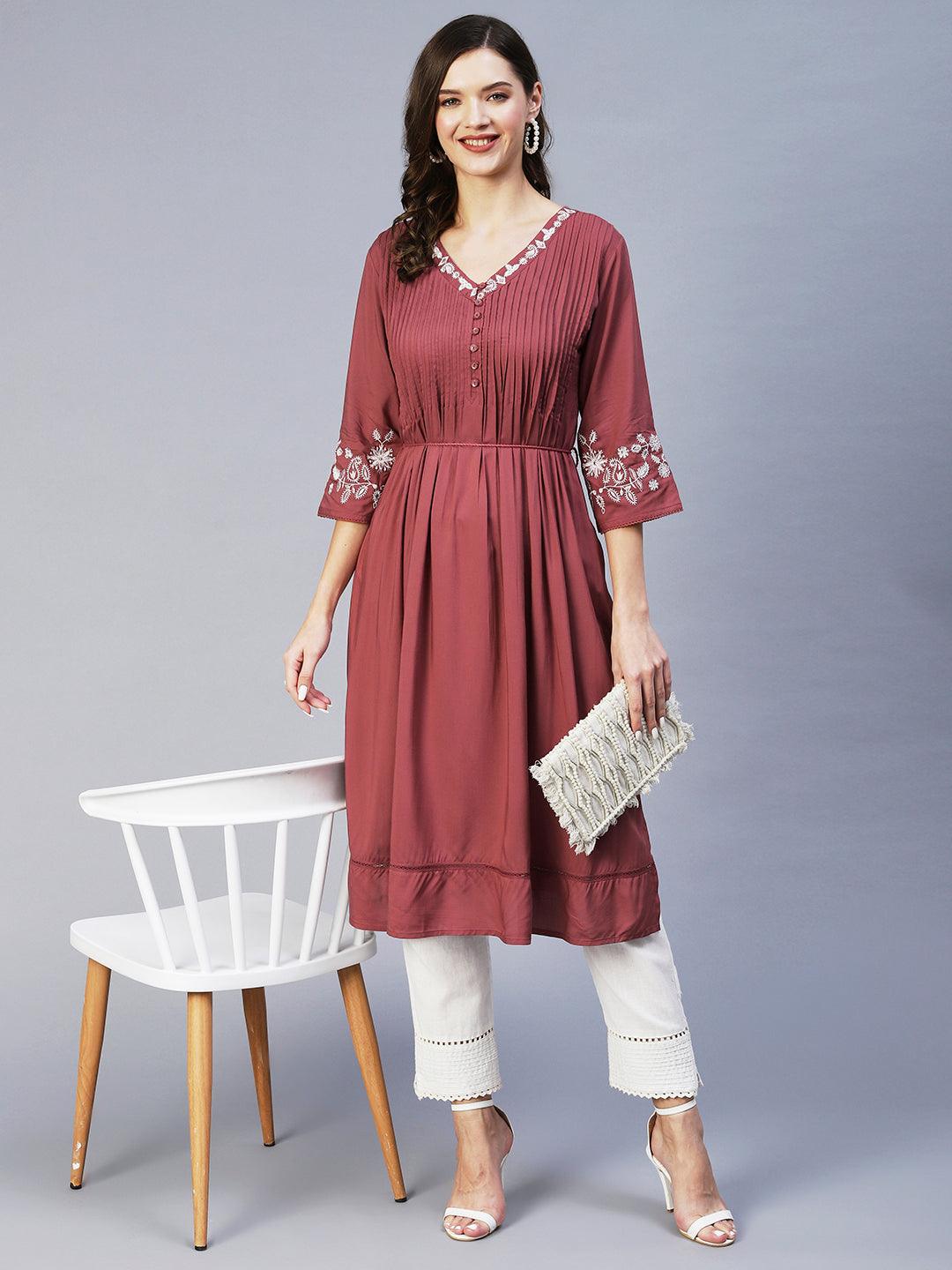 Ethnic Embroidered A-Line Kurta - Mauve - Indiakreations