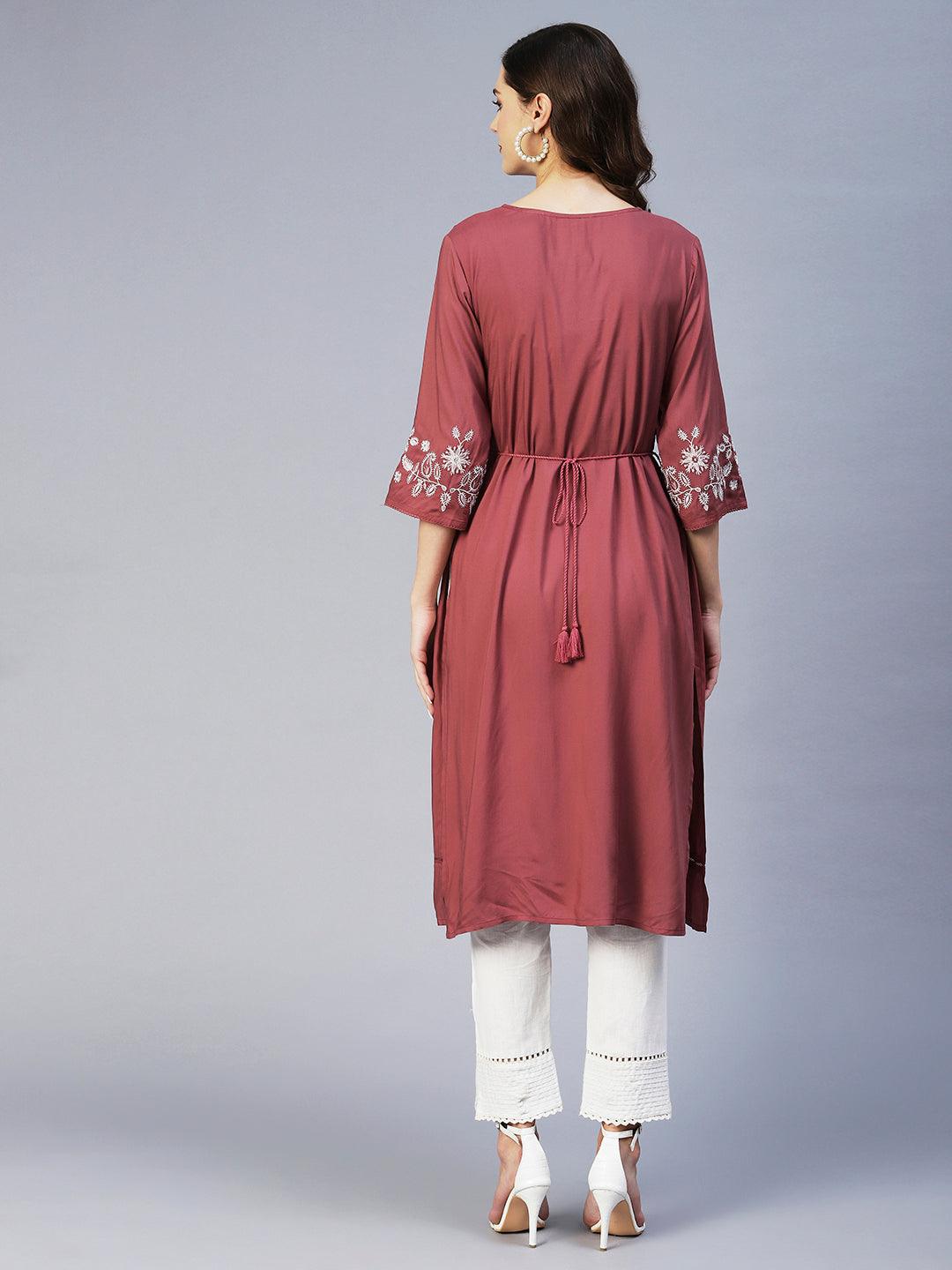 Ethnic Embroidered A-Line Kurta - Mauve - Indiakreations