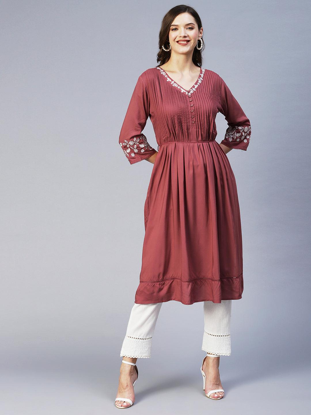 Ethnic Embroidered A-Line Kurta - Mauve - Indiakreations