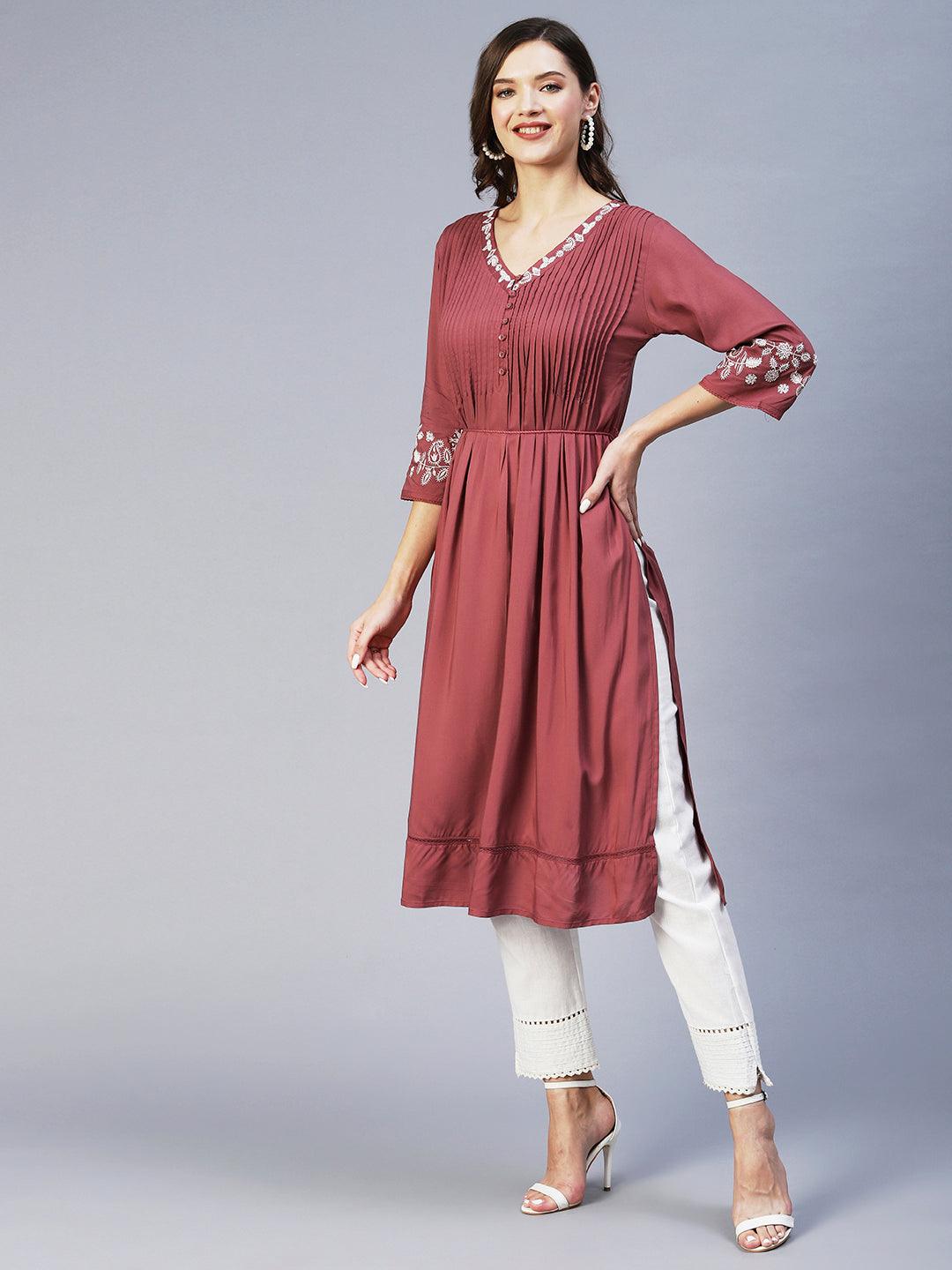 Ethnic Embroidered A-Line Kurta - Mauve - Indiakreations