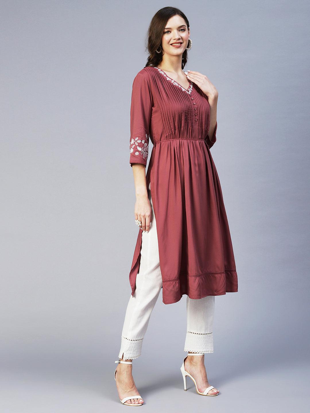 Ethnic Embroidered A-Line Kurta - Mauve - Indiakreations