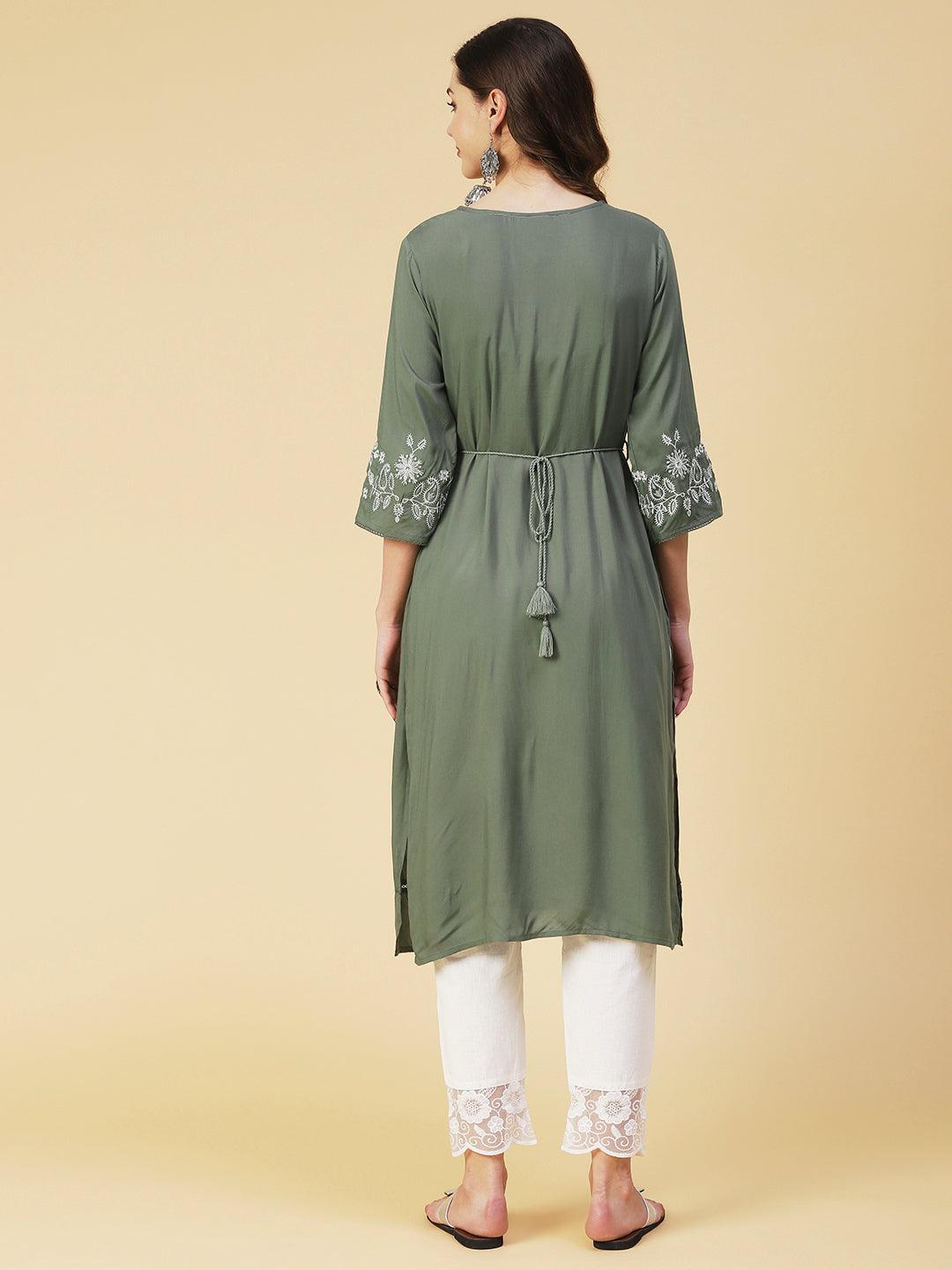 Solid Resham Embroidered Pintucks Kurta With Belt - Olive - Indiakreations