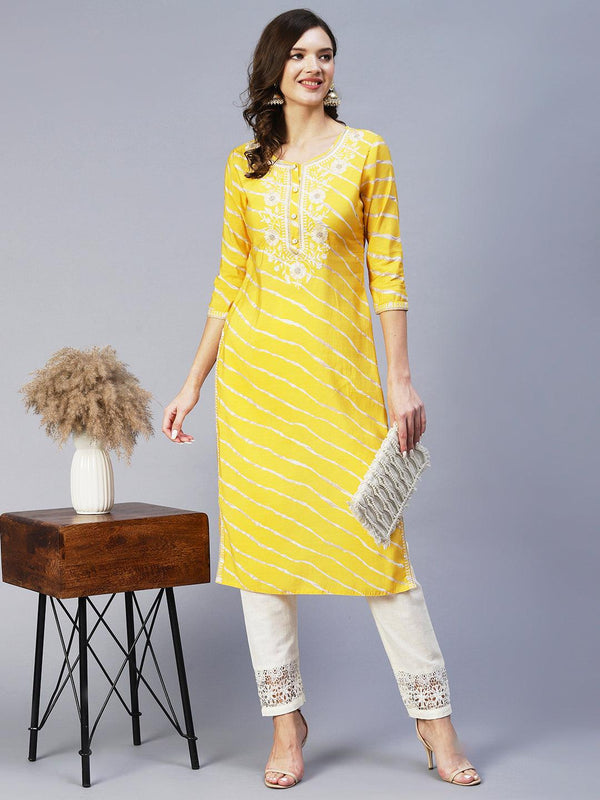 Lehriya Printed Resham & Zari Embroidered Kurta - Yellow - Indiakreations