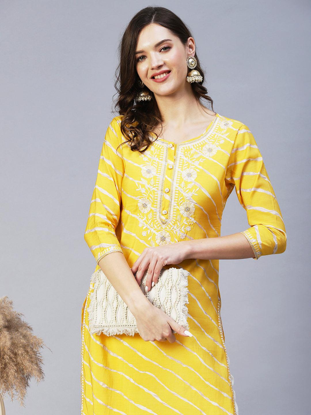 Lehriya Printed Resham & Zari Embroidered Kurta - Yellow - Indiakreations