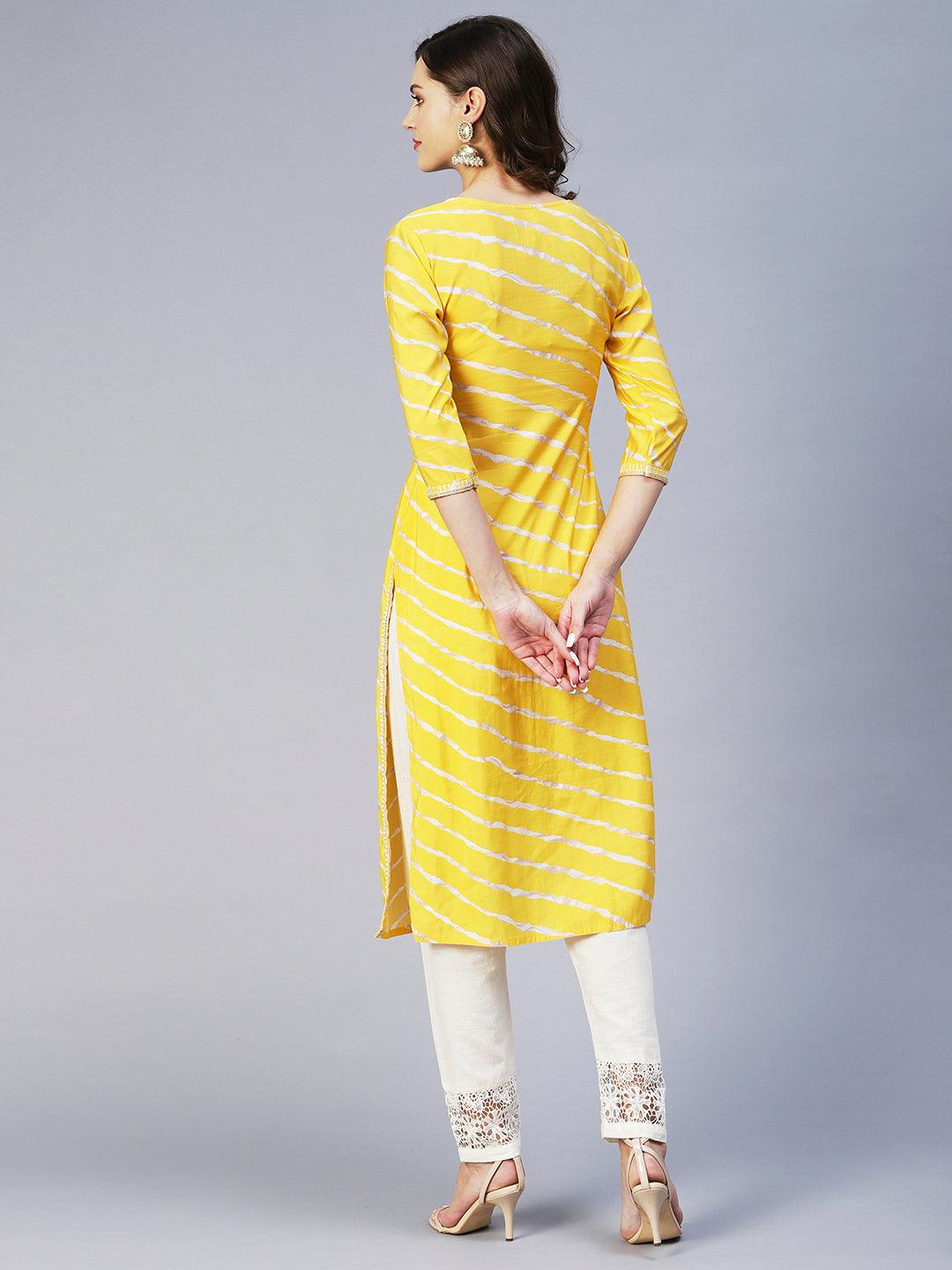 Lehriya Printed Resham & Zari Embroidered Kurta - Yellow - Indiakreations