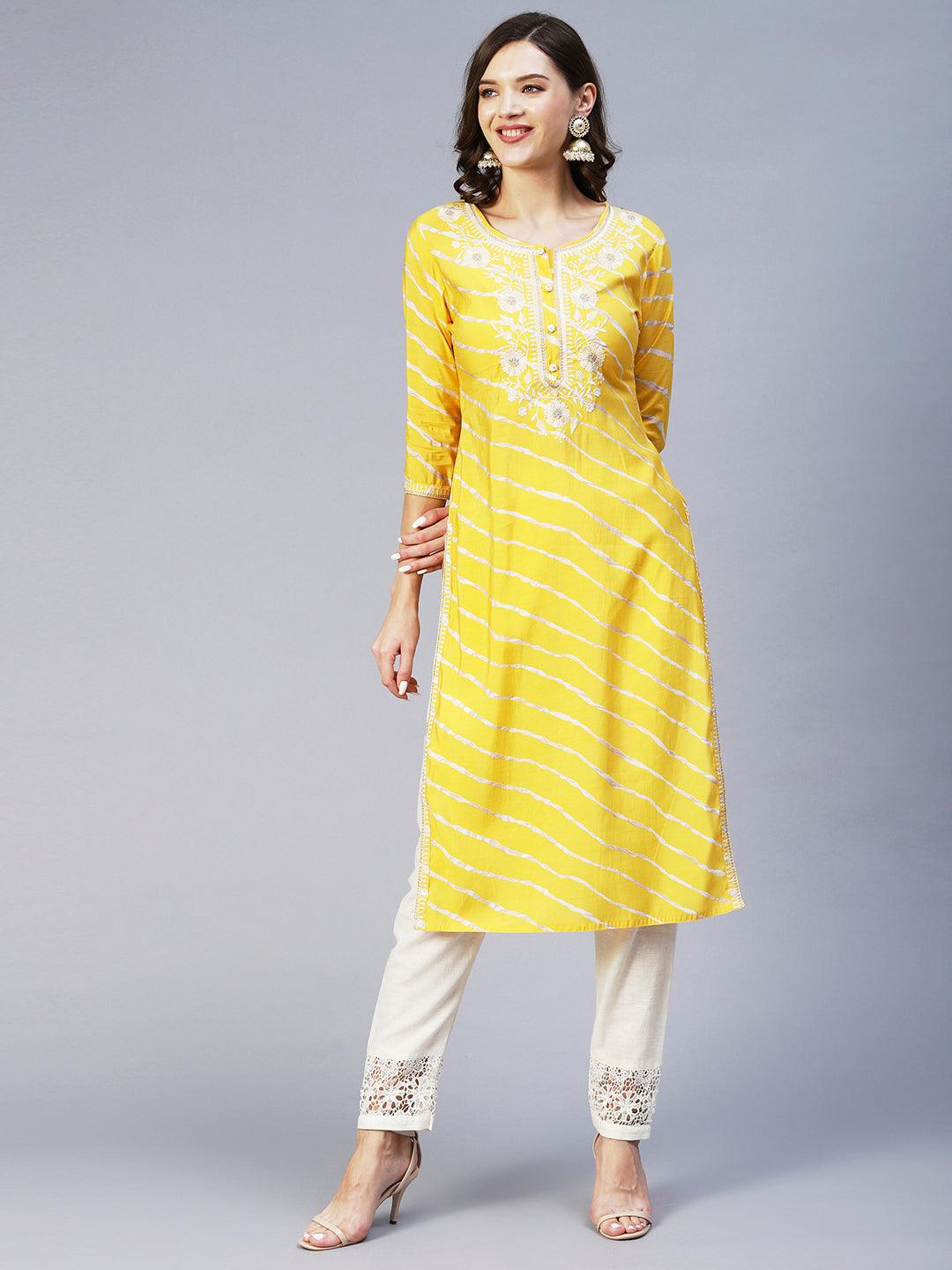 Lehriya Printed Resham & Zari Embroidered Kurta - Yellow - Indiakreations