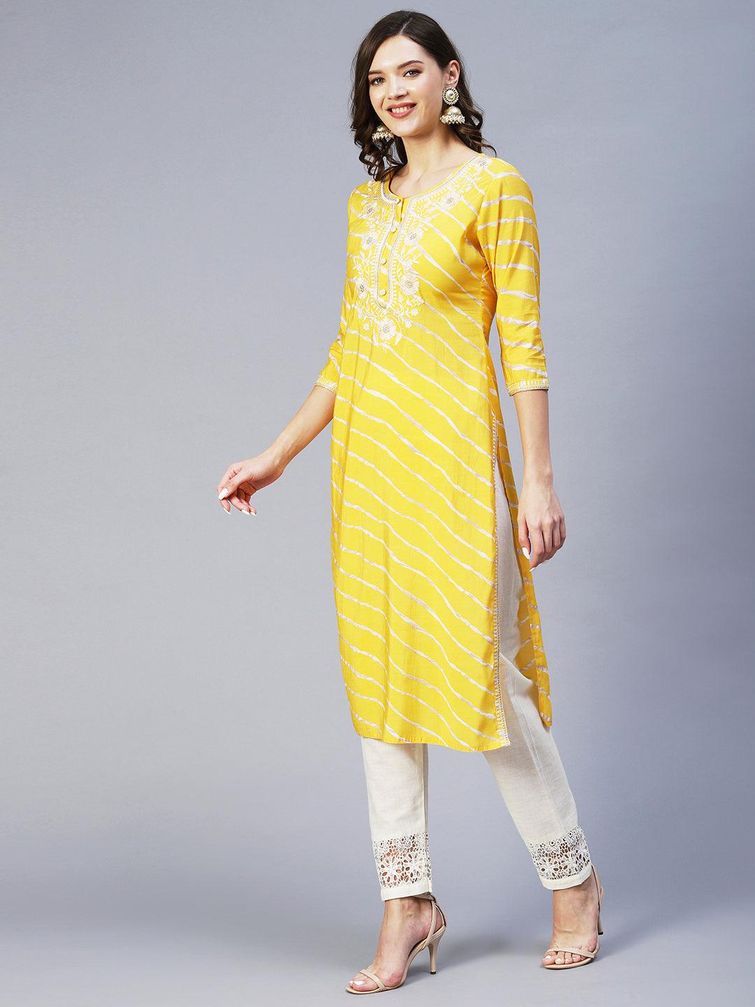 Lehriya Printed Resham & Zari Embroidered Kurta - Yellow - Indiakreations