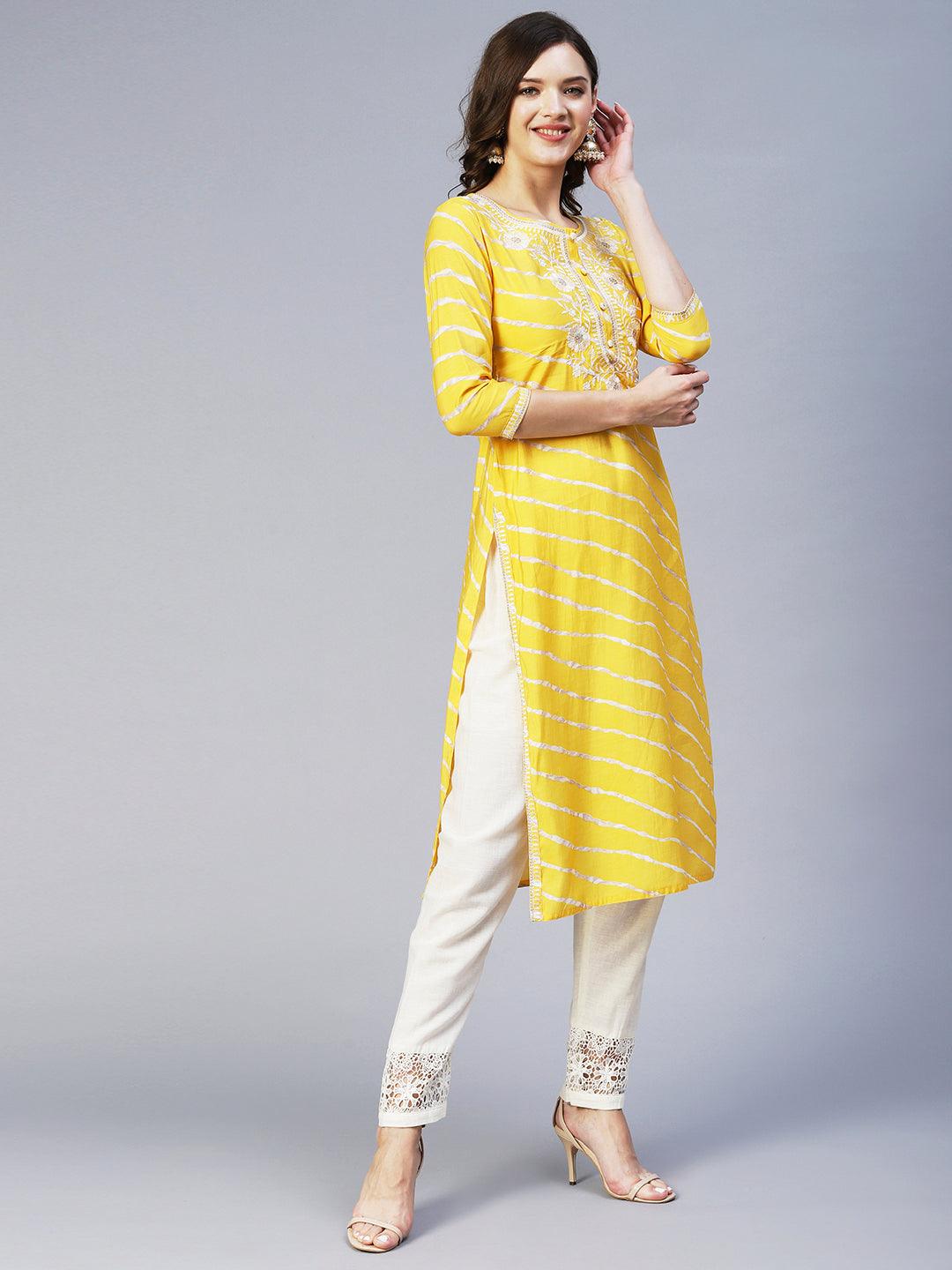 Lehriya Printed Resham & Zari Embroidered Kurta - Yellow - Indiakreations