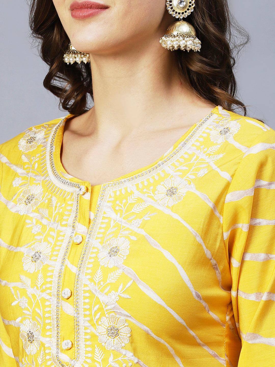 Lehriya Printed Resham & Zari Embroidered Kurta - Yellow - Indiakreations