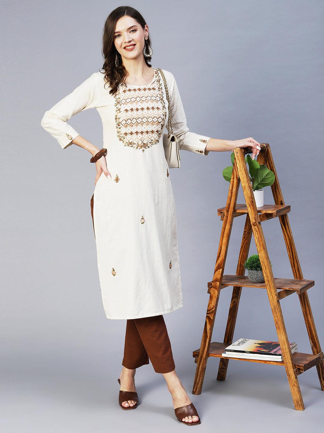 Floral Hand Embroidered Straight Fit Kurta - Off White - Indiakreations