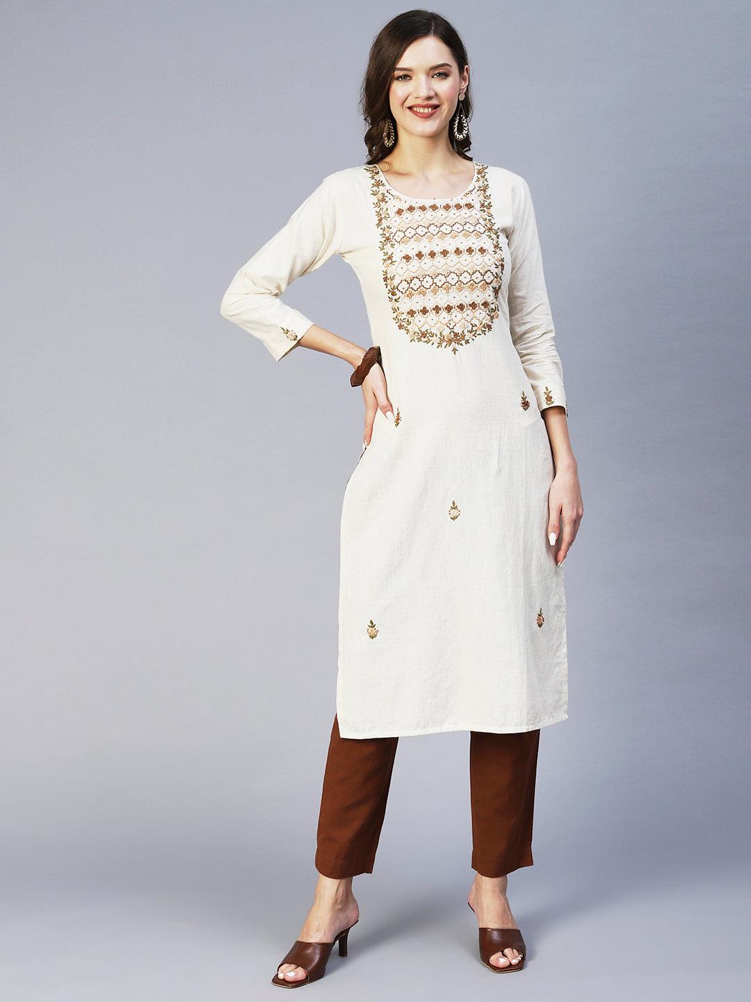 Floral Hand Embroidered Straight Fit Kurta - Off White - Indiakreations