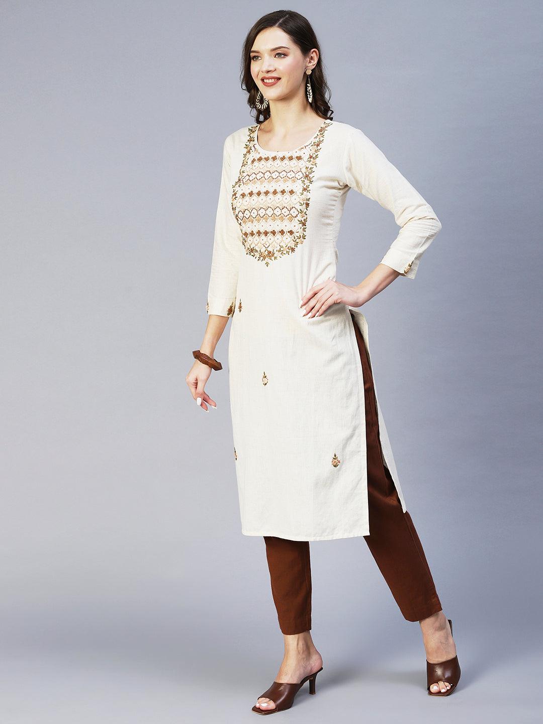 Floral Hand Embroidered Straight Fit Kurta - Off White - Indiakreations