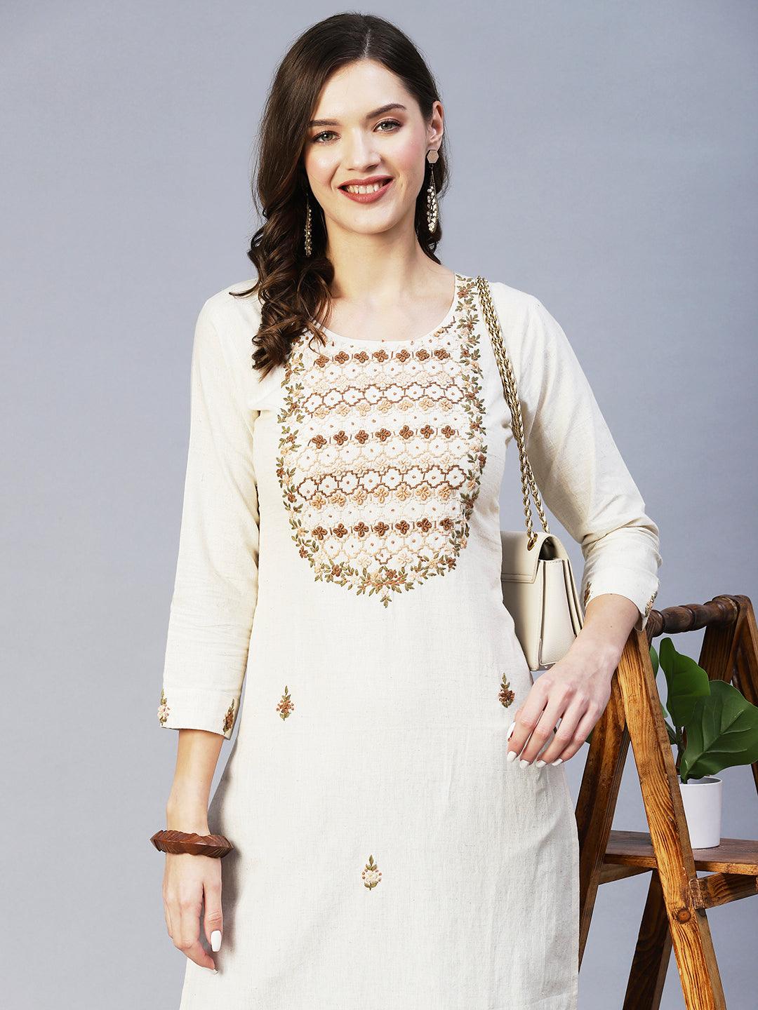 Floral Hand Embroidered Straight Fit Kurta - Off White - Indiakreations