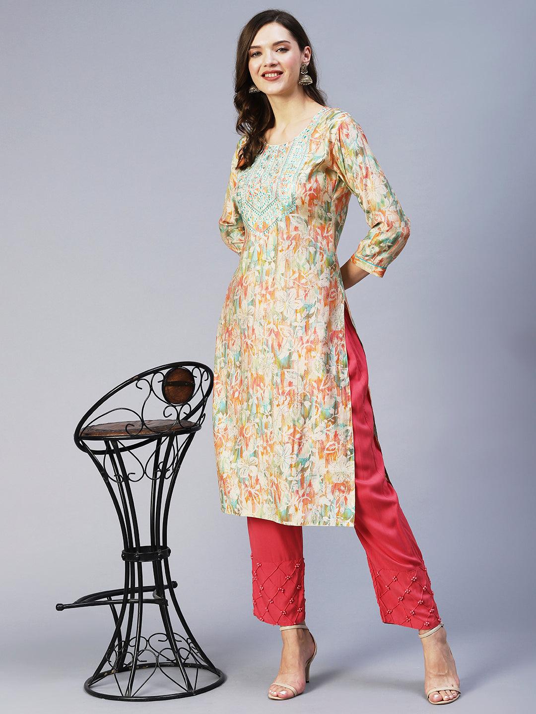 Floral Printed Resham Embroidered - Multi - Indiakreations