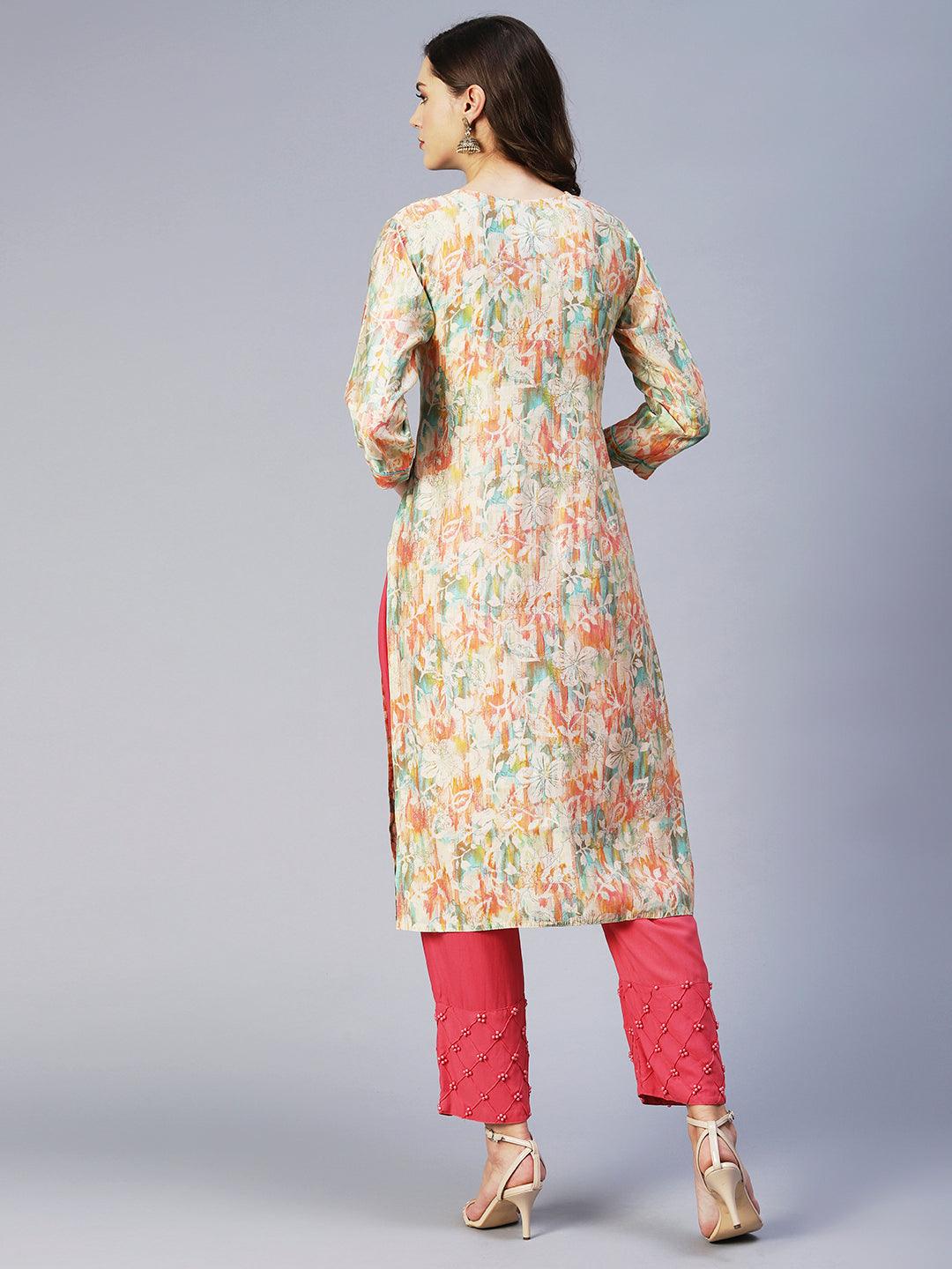 Floral Printed Resham Embroidered - Multi - Indiakreations