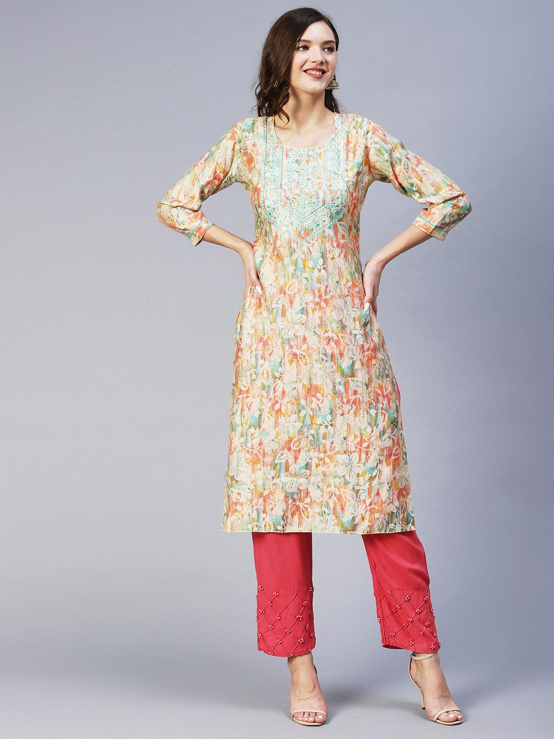 Floral Printed Resham Embroidered - Multi - Indiakreations