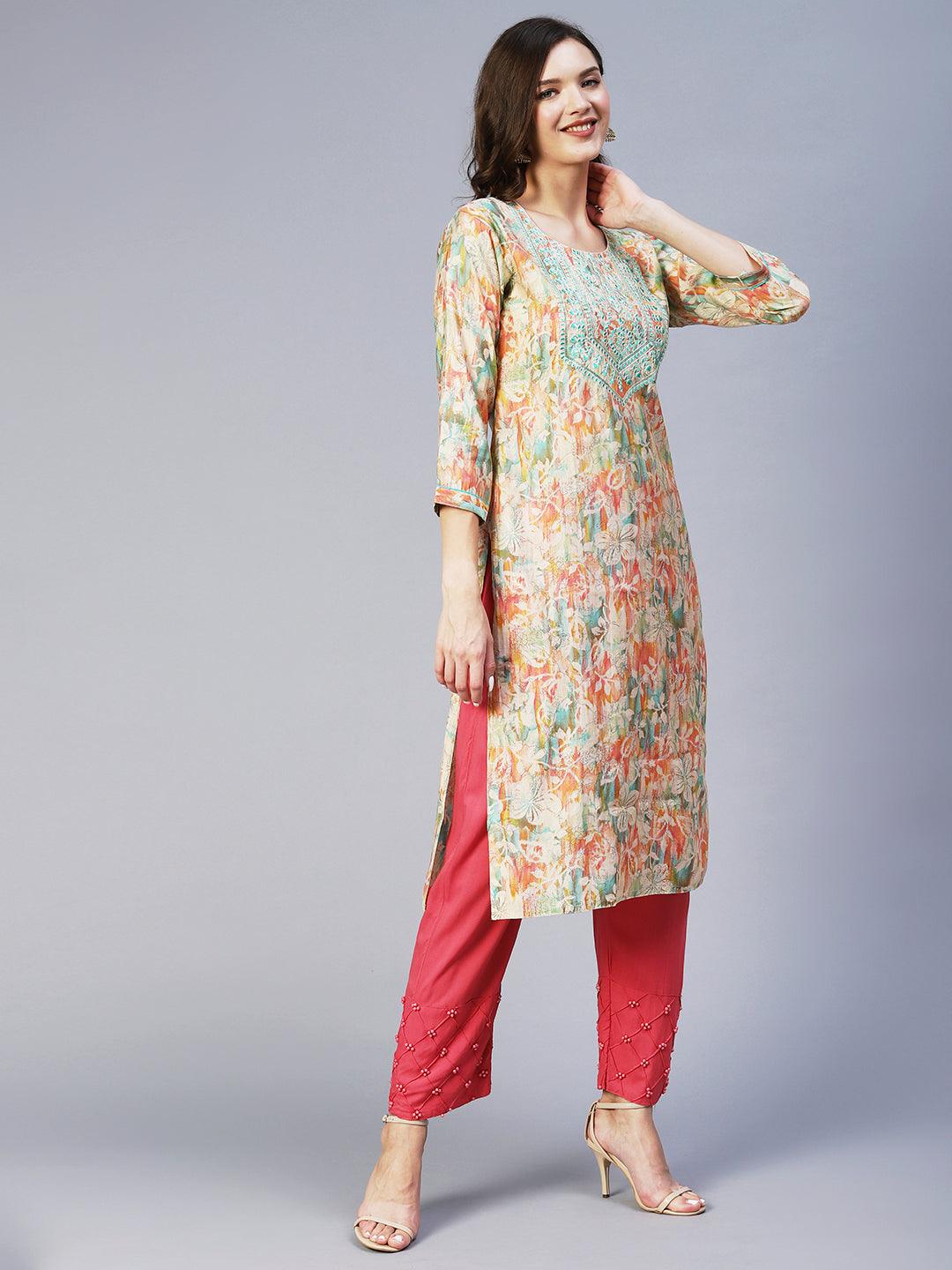 Floral Printed Resham Embroidered - Multi - Indiakreations