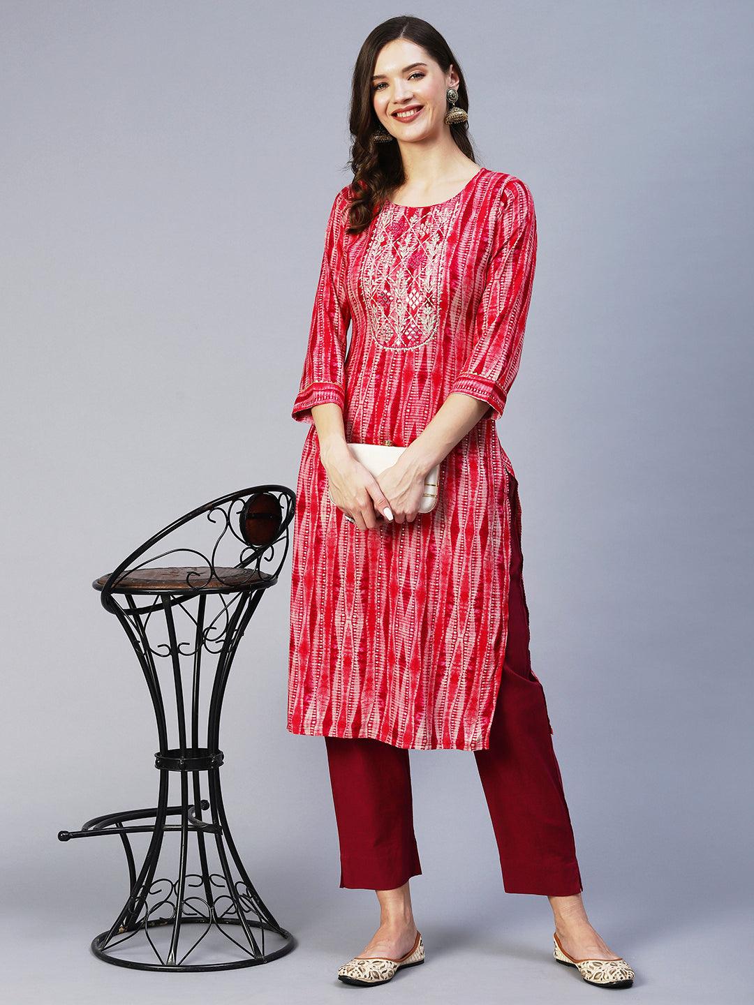 Stripes Printed & Mirror Embroidered Straight Fit Kurta - Magenta - Indiakreations