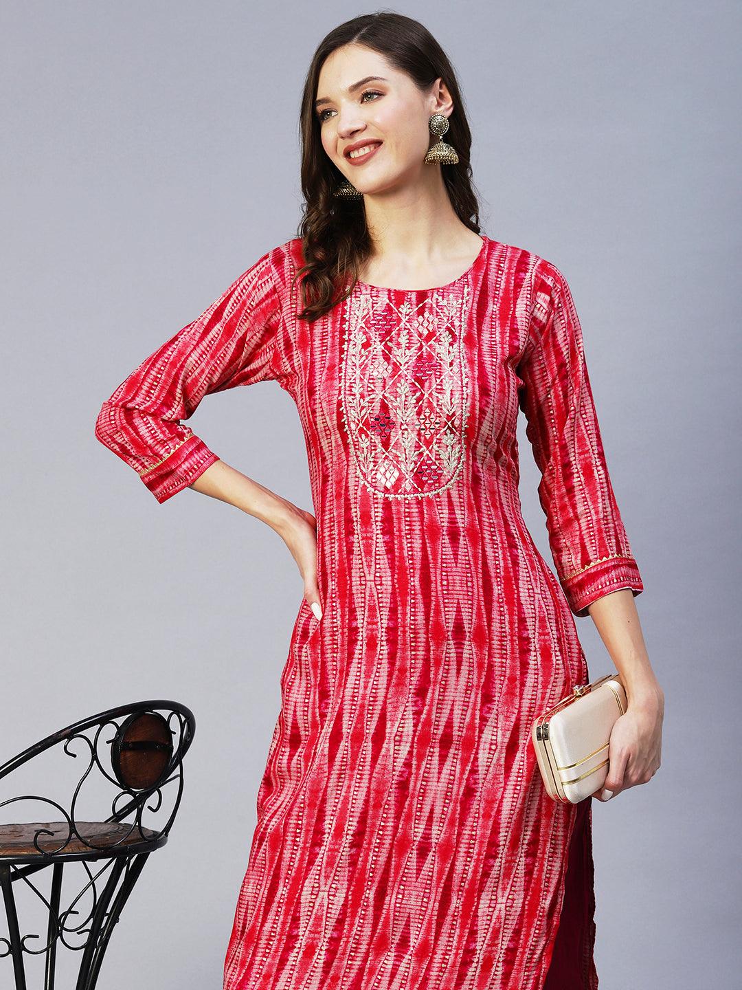 Stripes Printed & Mirror Embroidered Straight Fit Kurta - Magenta - Indiakreations