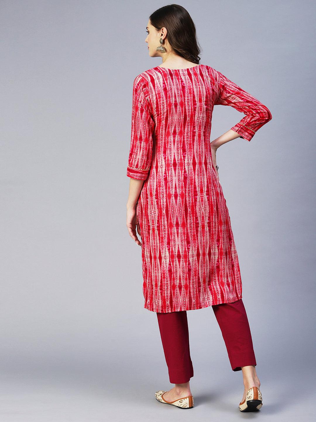 Stripes Printed & Mirror Embroidered Straight Fit Kurta - Magenta - Indiakreations