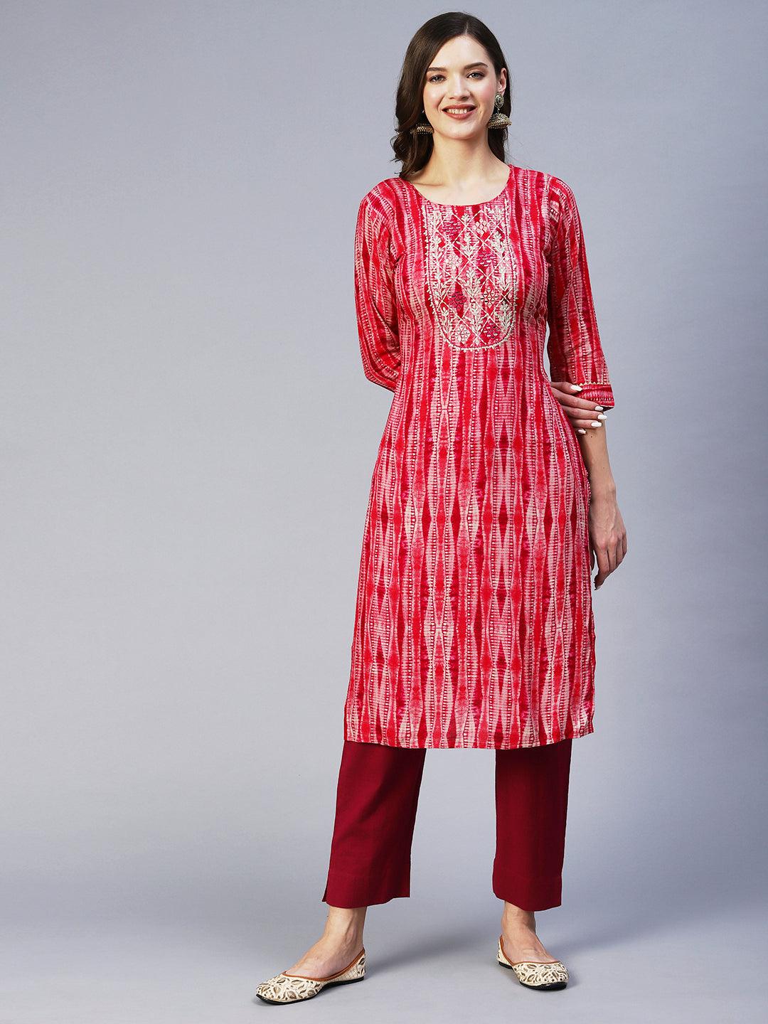 Stripes Printed & Mirror Embroidered Straight Fit Kurta - Magenta - Indiakreations