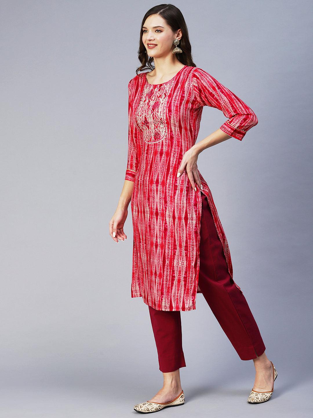 Stripes Printed & Mirror Embroidered Straight Fit Kurta - Magenta - Indiakreations