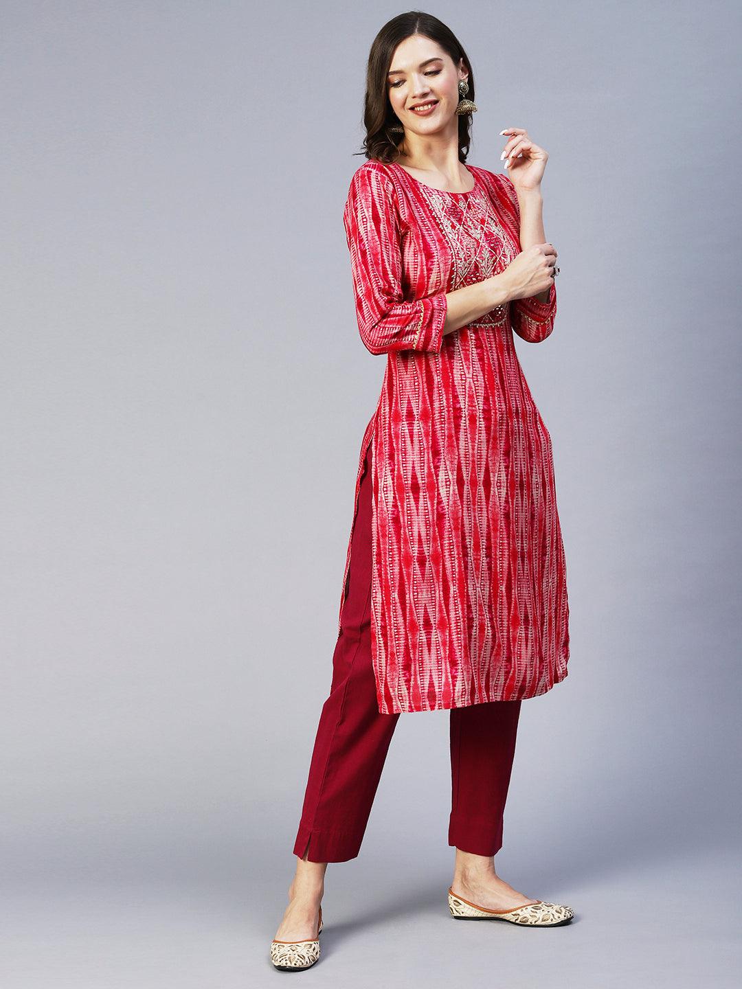 Stripes Printed & Mirror Embroidered Straight Fit Kurta - Magenta - Indiakreations