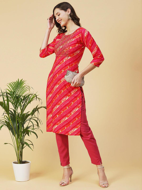 Lehriya Printed Mirror Embroidered Kurta - Fuchsia - Indiakreations