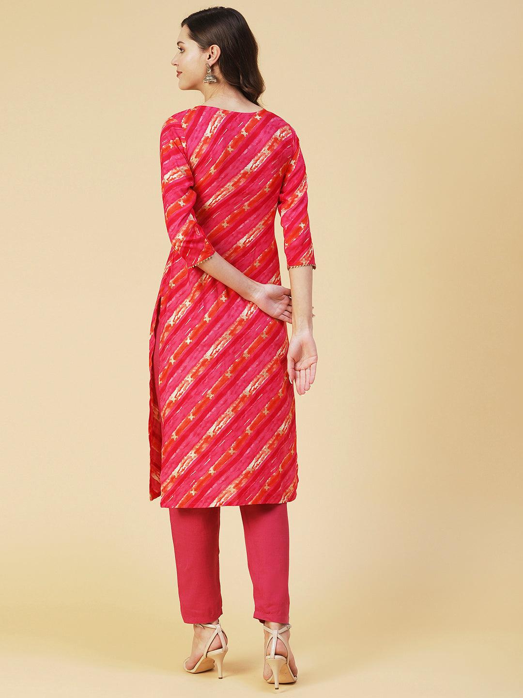 Lehriya Printed Mirror Embroidered Kurta - Fuchsia - Indiakreations