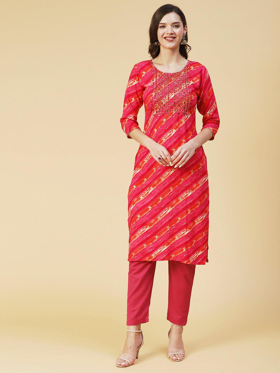 Lehriya Printed Mirror Embroidered Kurta - Fuchsia - Indiakreations