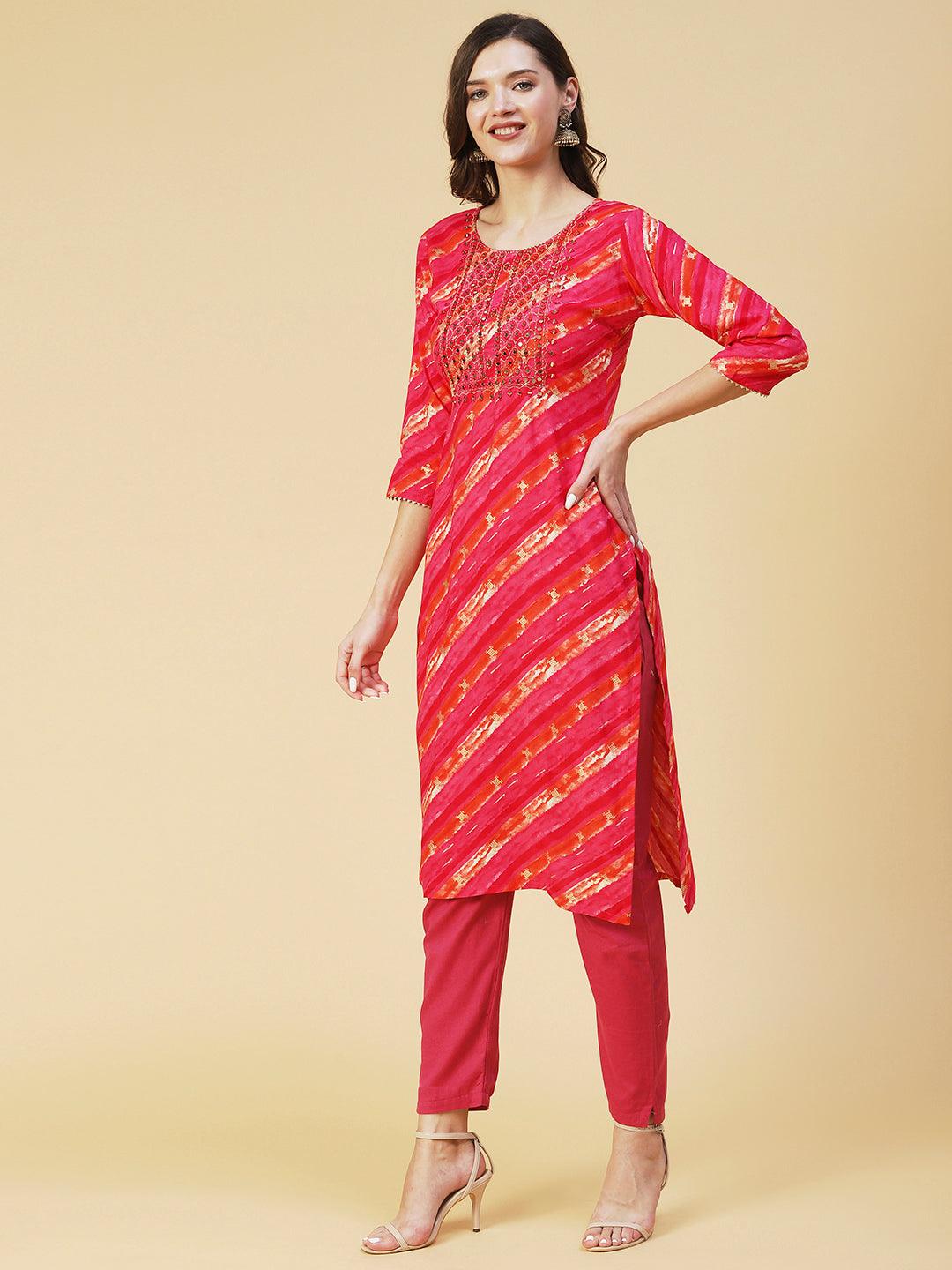 Lehriya Printed Mirror Embroidered Kurta - Fuchsia - Indiakreations