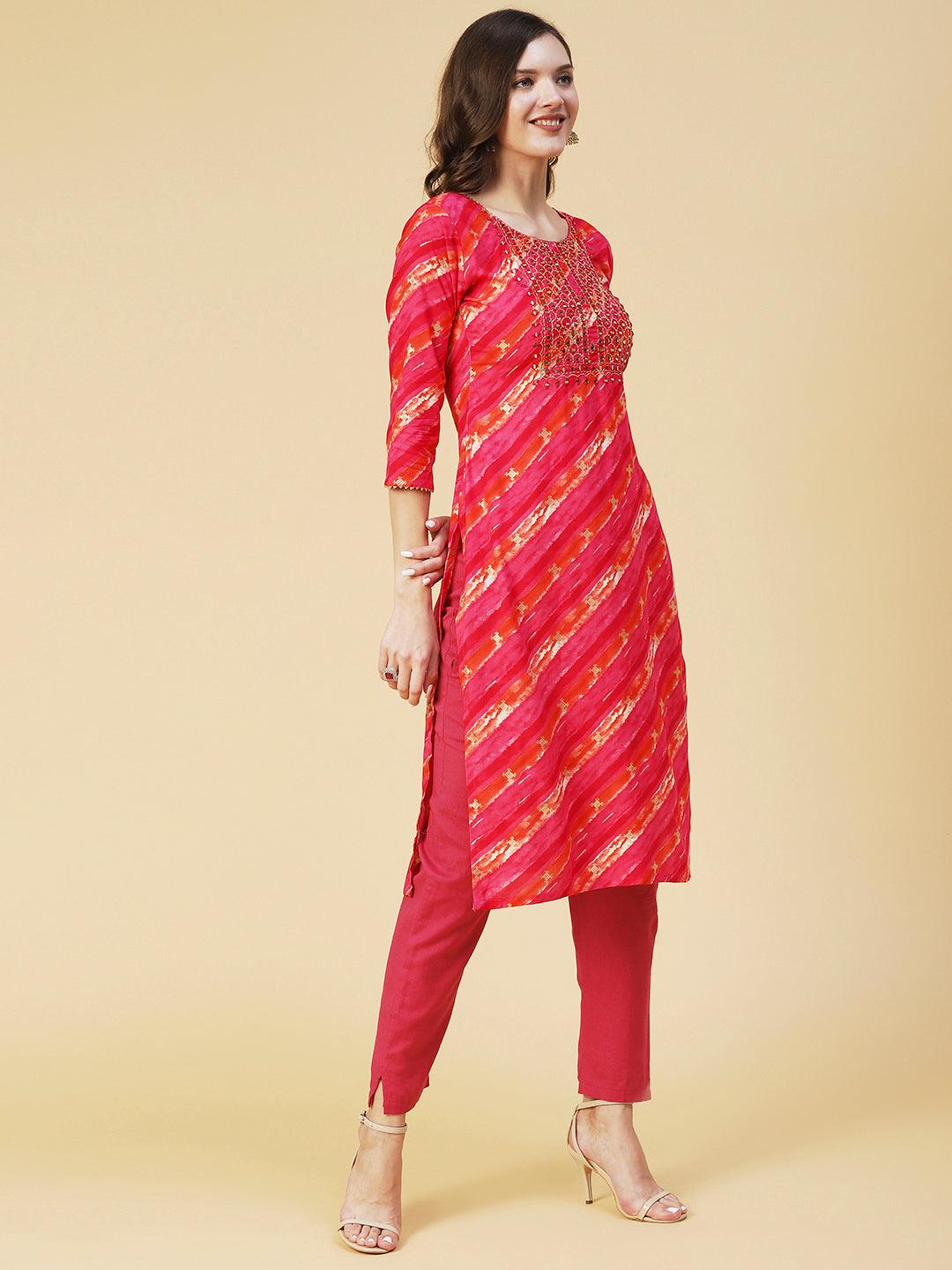 Lehriya Printed Mirror Embroidered Kurta - Fuchsia - Indiakreations