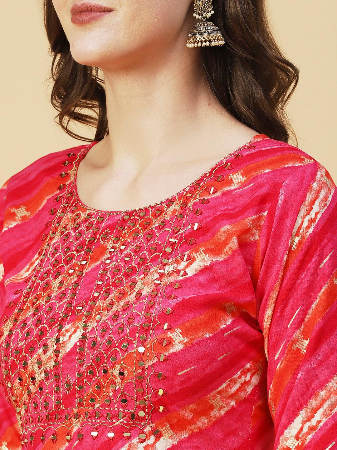 Lehriya Printed Mirror Embroidered Kurta - Fuchsia - Indiakreations