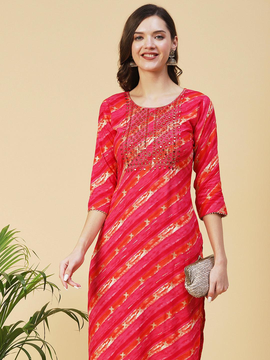 Lehriya Printed Mirror Embroidered Kurta - Fuchsia - Indiakreations