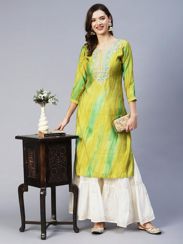 Tie-Dyed Zari & Resham Embroidered Kurta - Lime Green - Indiakreations