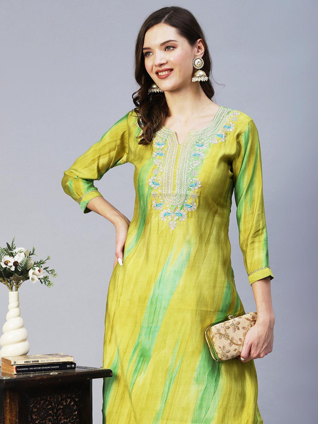 Tie-Dyed Zari & Resham Embroidered Kurta - Lime Green - Indiakreations