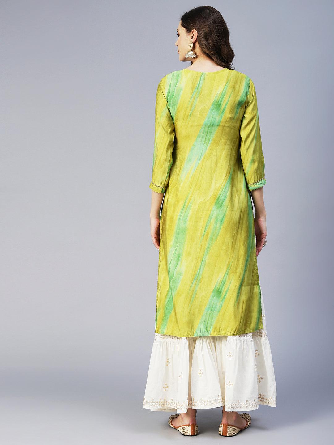 Tie-Dyed Zari & Resham Embroidered Kurta - Lime Green - Indiakreations